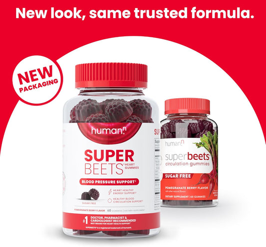 Humann Superbeets Heart Gummies - Heart-Healthy Energy, Grape Seed Extract & Beet Root Powder - Sugar Free - Pomegranate Berry Flavor, 60 Count