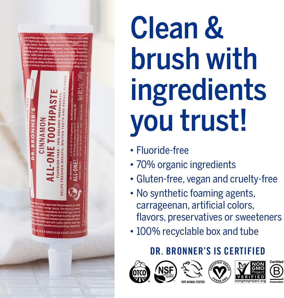 Dr. Bronner’s - All-One Toothpaste (Cinnamon, 5 Ounce, 3-Pack) - 70% Organic Ingredients, Natural and Effective, Fluoride-Free, SLS-Free, Helps Freshen Breath, Reduce Plaque, Whiten Teeth, Vegan : Health & Household