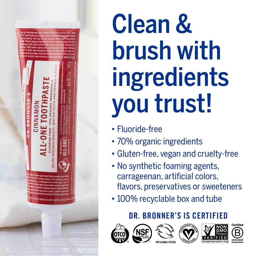 Dr. Bronner’s - All-One Toothpaste (Cinnamon, 5 ounce, 3-Pack) - 70% Organic Ingredients, Natural and Effective, Fluoride-Free, SLS-Free, Helps Freshen Breath, Reduce Plaque, Whiten Teeth, Vegan : Health & Household