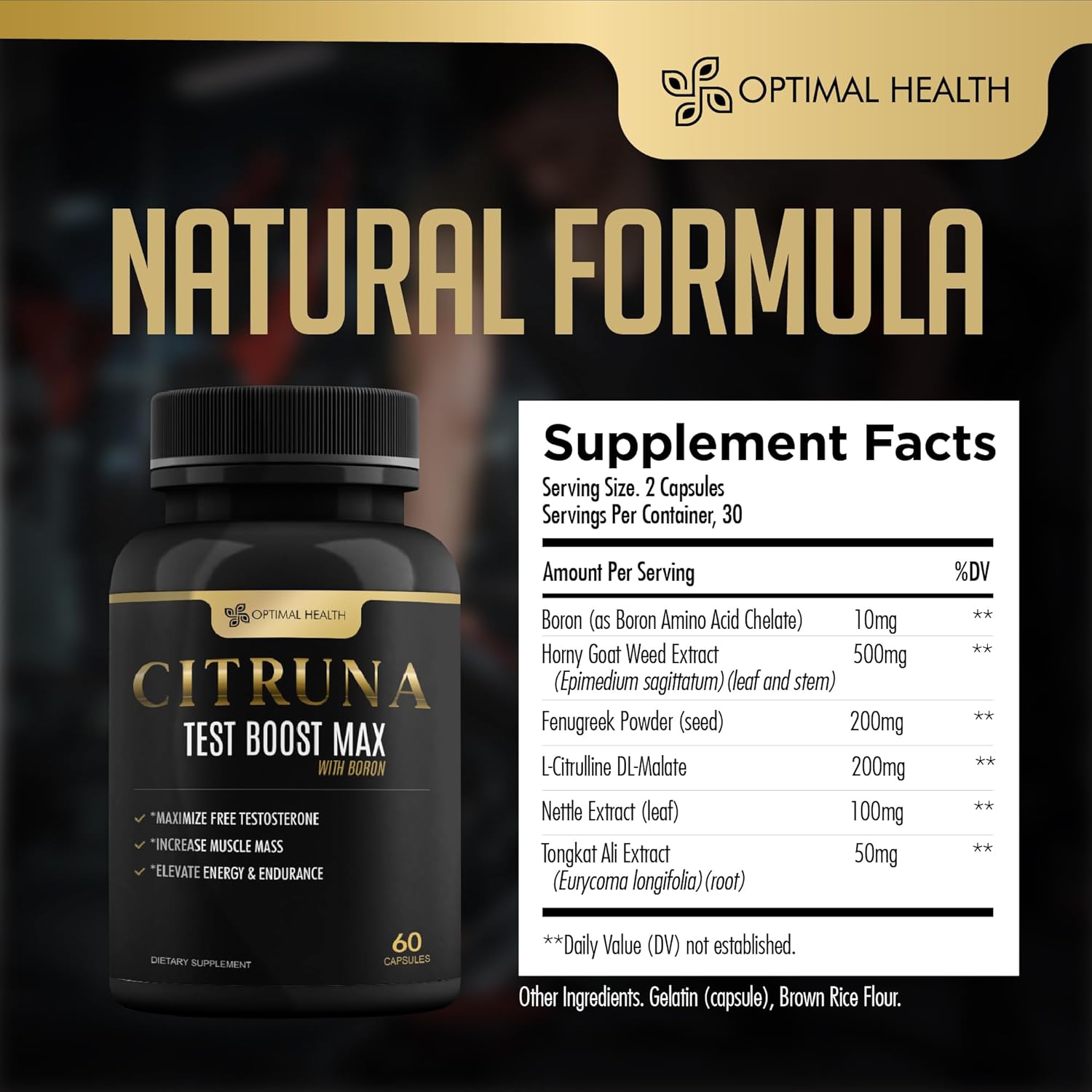 Citruna Test Boost Max With Boron By Optimal Health - Natural Testosterone Supplement - Boost Stamina, Endurance, Strength & Vitality - 60 Capsules : Health & Household