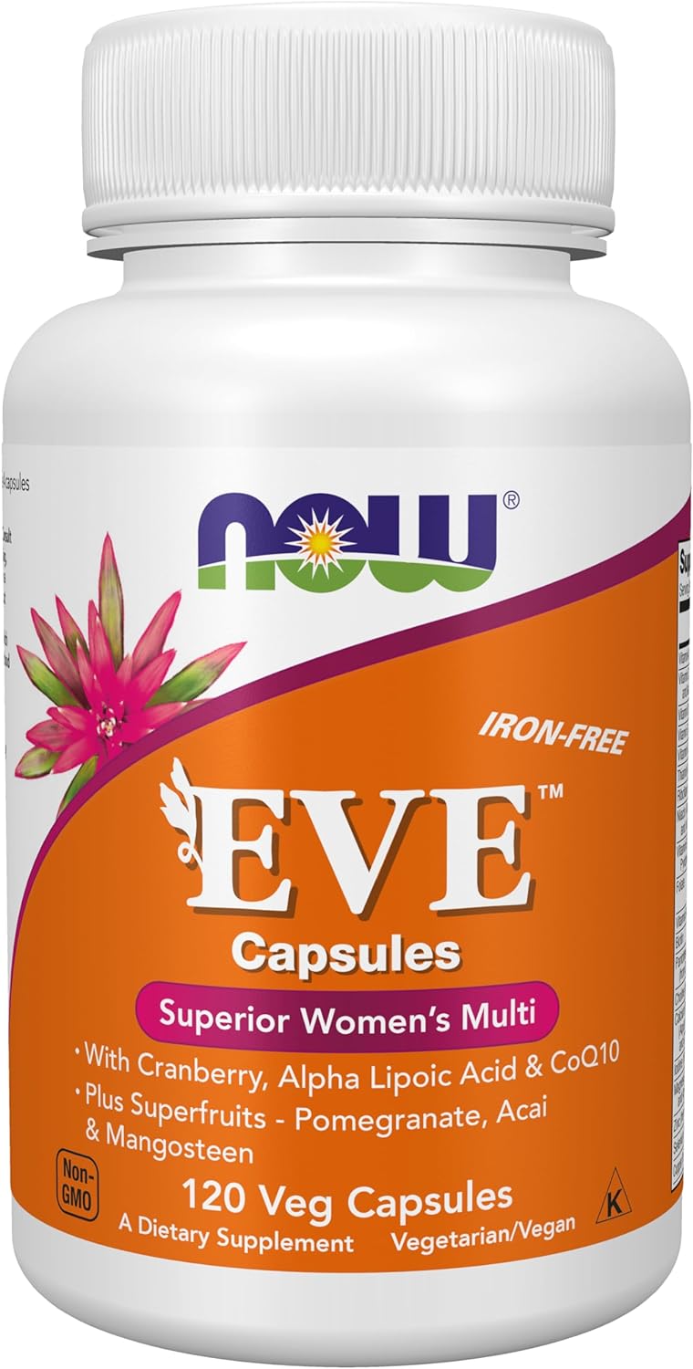 NOW Supplements, Eve? Women's Multivitamin with Cranberry, Alpha Lipoic Acid and CoQ10, plus Superfruits - Pomegranate, Acai & Mangosteen, Iron-Free, 120 Veg Capsules