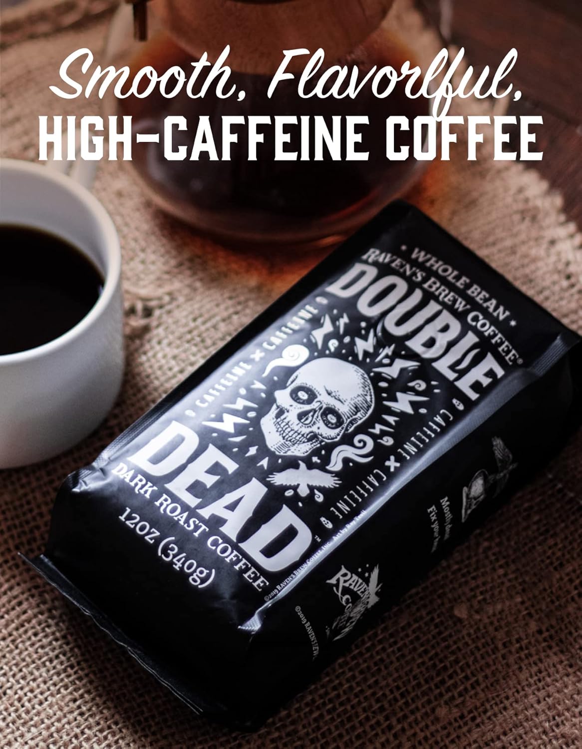 Raven’S Brew Coffee - Double Dead™ - Dark Roast, Naturally High Caffeine (Whole Bean, 12 Oz)