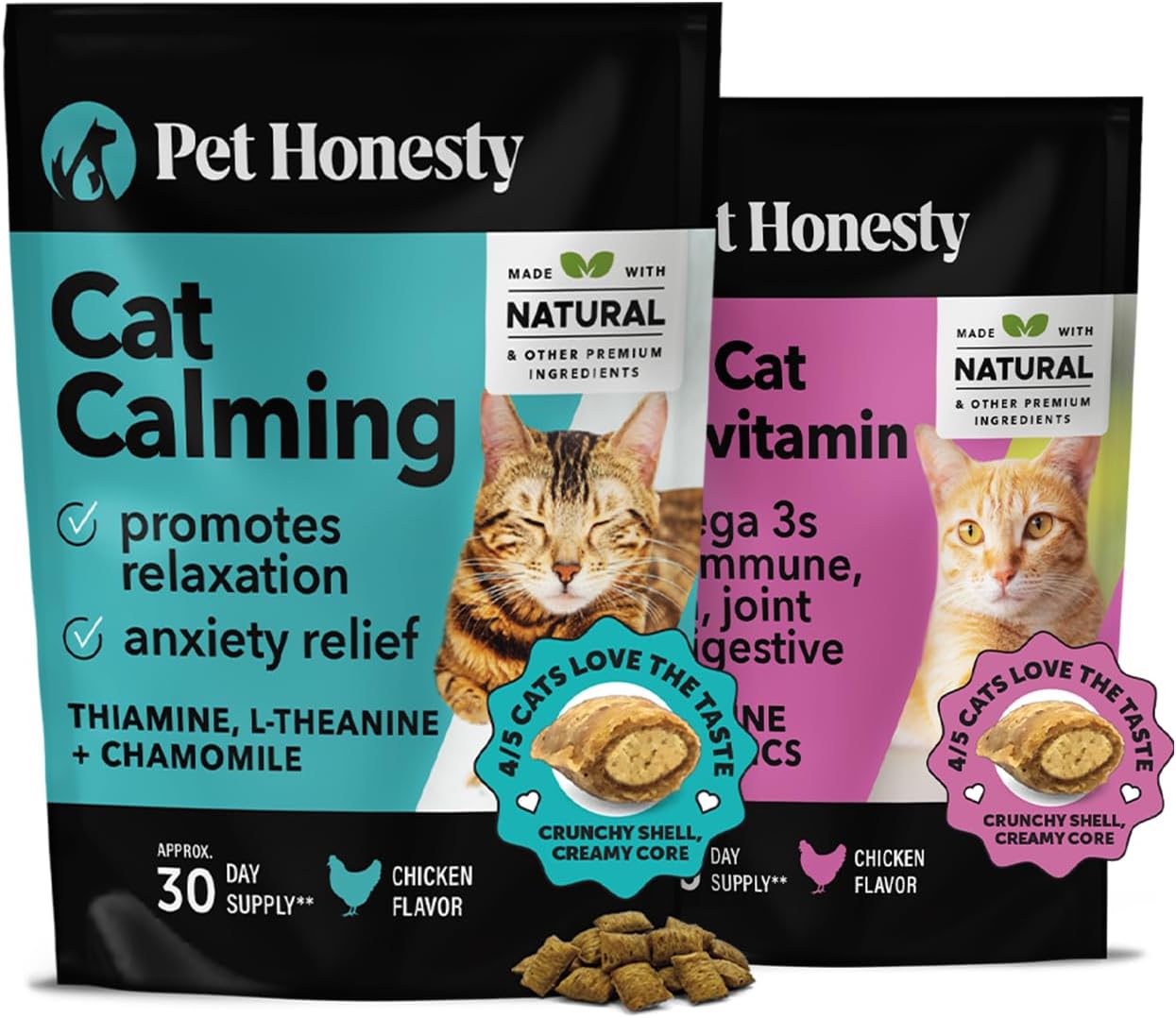 Pet Honesty Cat Calming + Cat Multivitamins Dual Texture Chew Supplement Bundle - Helps Reduce Stress And Cat Anxiety, Supports Overall Immune Health, Joints, Skin & Coat, And Digestion