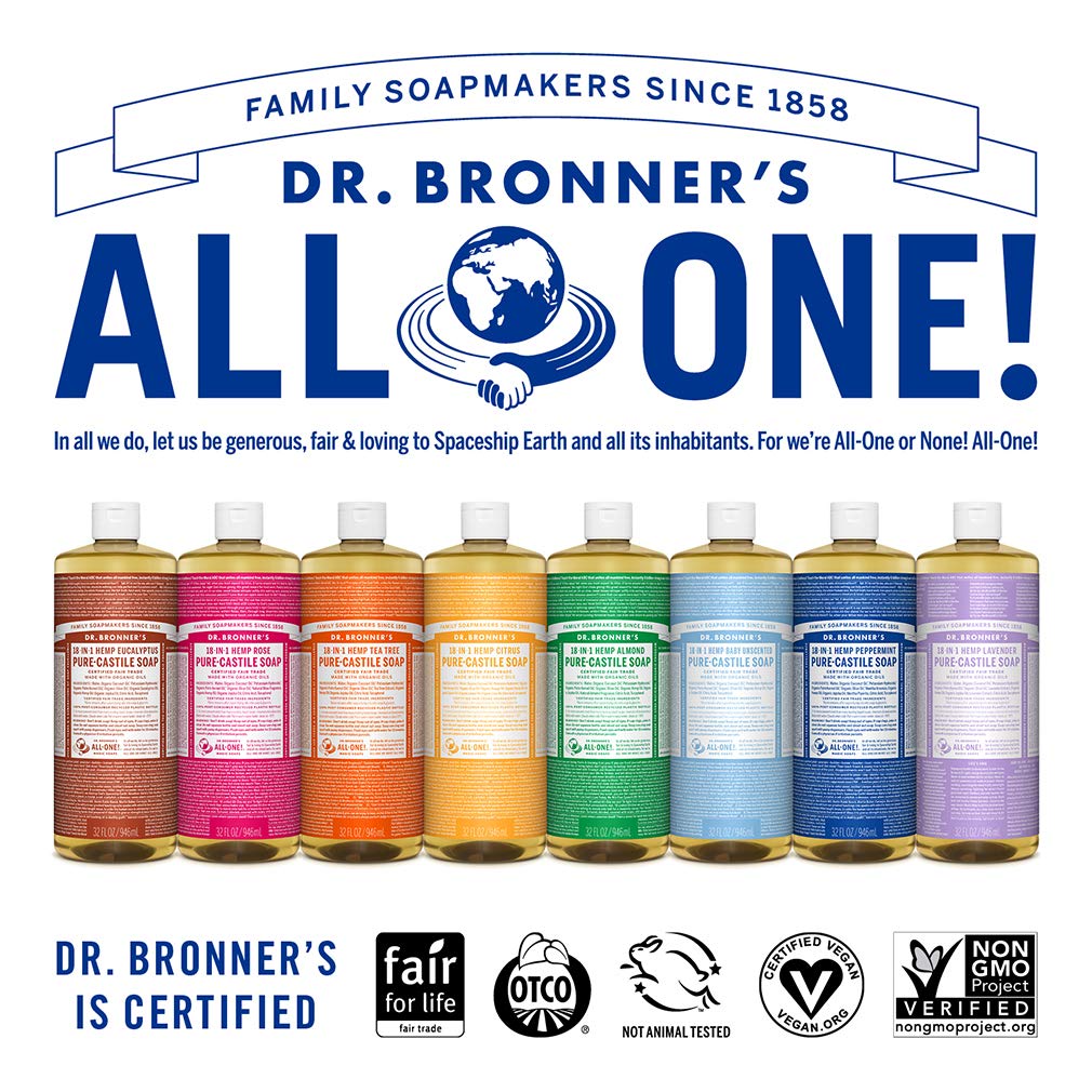 Dr. Bronner's - Pure-Castile Liquid Soap (Tea Tree, 32 ounce) - Made with Organic Oils, 18-in-1 Uses: Acne-Prone Skin, Dandruff, Laundry, Pets and Dishes, Concentrated, Vegan, Non-GMO : Camping Soaps And Shampoos : Beauty & Personal Care