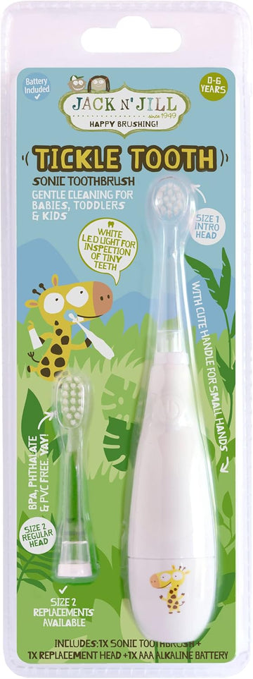 Jack N' Jill Tickle Tooth Sonic Toothbrush & Replacement Head - For Babies, Toddlers, & Kids 0-6 Years, Led Brush Head With Light Timer & 30 Sec Pulse Reminder, Extra Soft Bristles For Gentle Cleaning