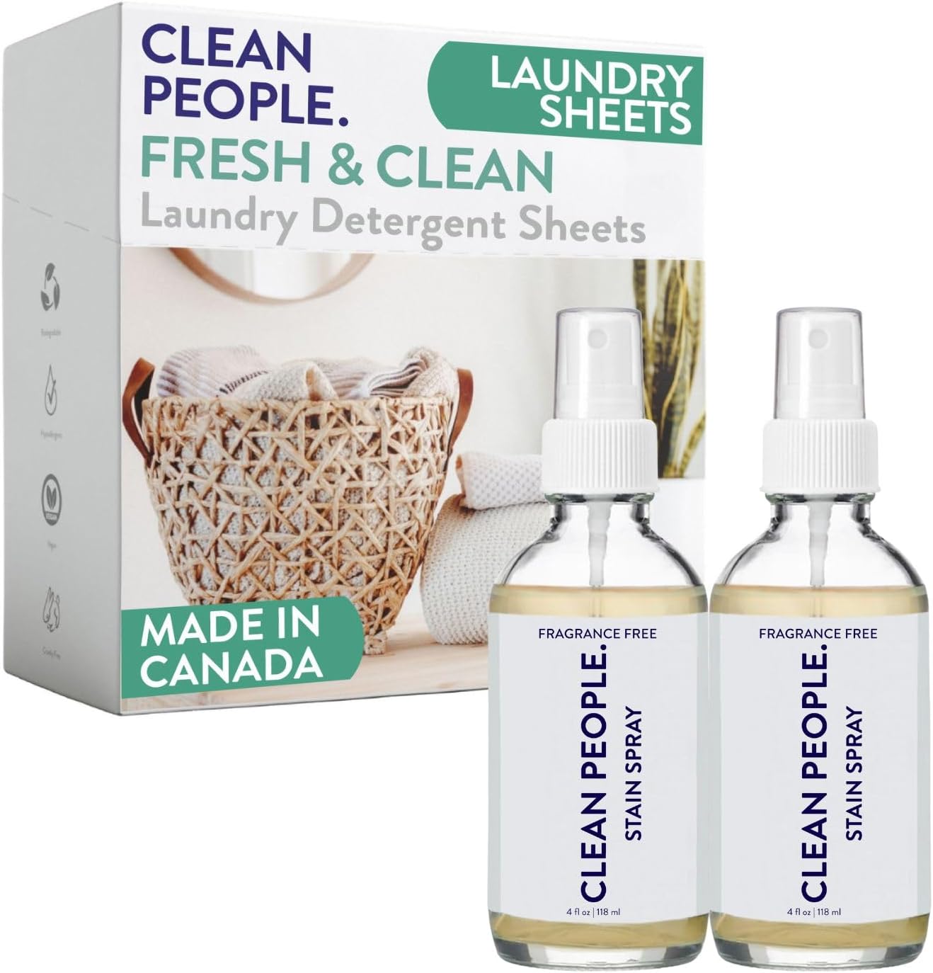 Clean People Ultra Concentrated Laundry Detergent Strips Fresh Scent & Stain Remover Spray- Plant-Based, Eco Friendly Laundry Detergent 32ct & Stain Spray 4oz (2 Pack)