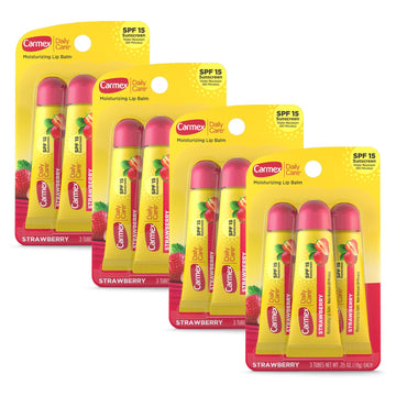 Carmex Daily Care Moisturizing Lip Balm With Spf 15, Strawberry Lip Balm Tubes, 0.35 Oz Each - 3 Count (Pack Of 4)