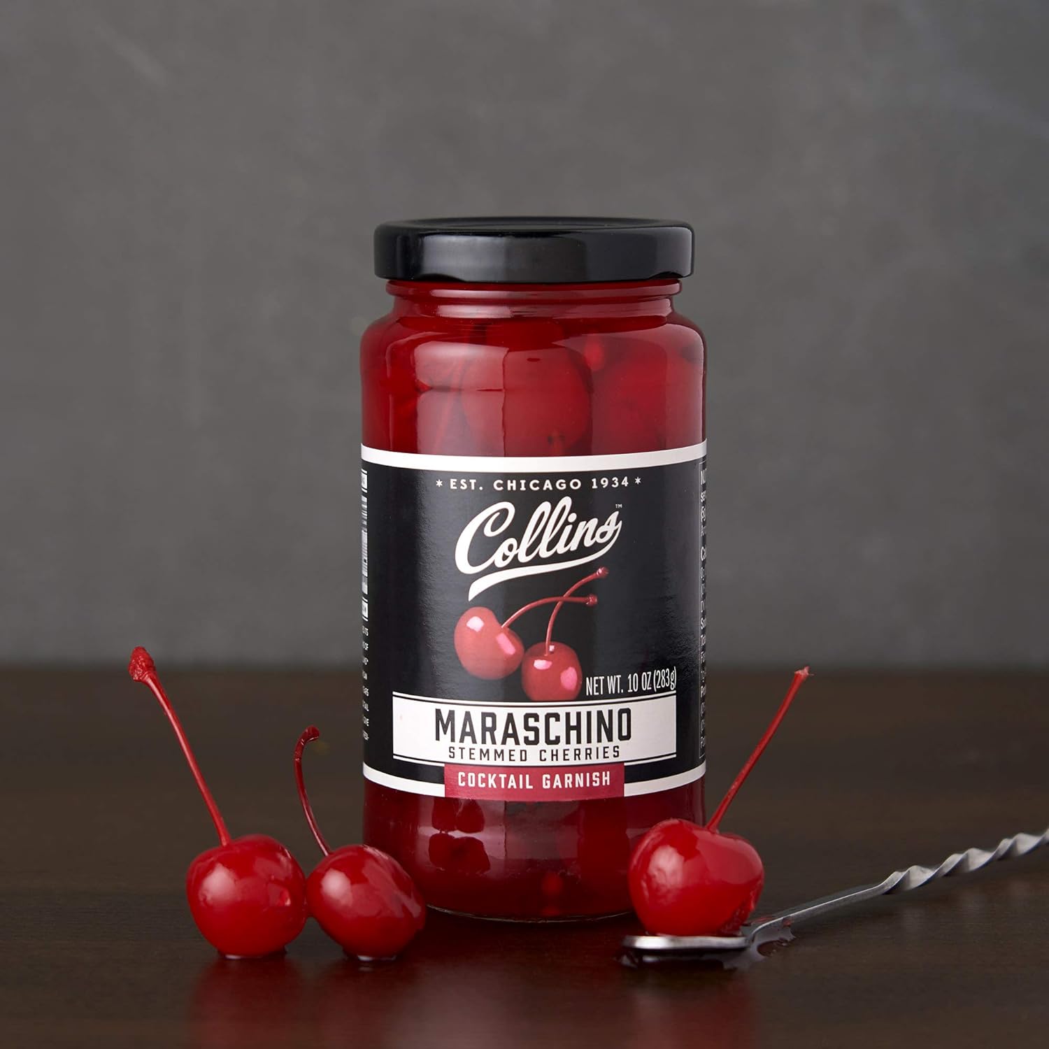 Collins Stemmed Maraschino Cocktail Cherries - Royal Anne Cherries Garnish for Cocktails, Manhattan and Old Fashioned Mix, 10oz Black : Everything Else