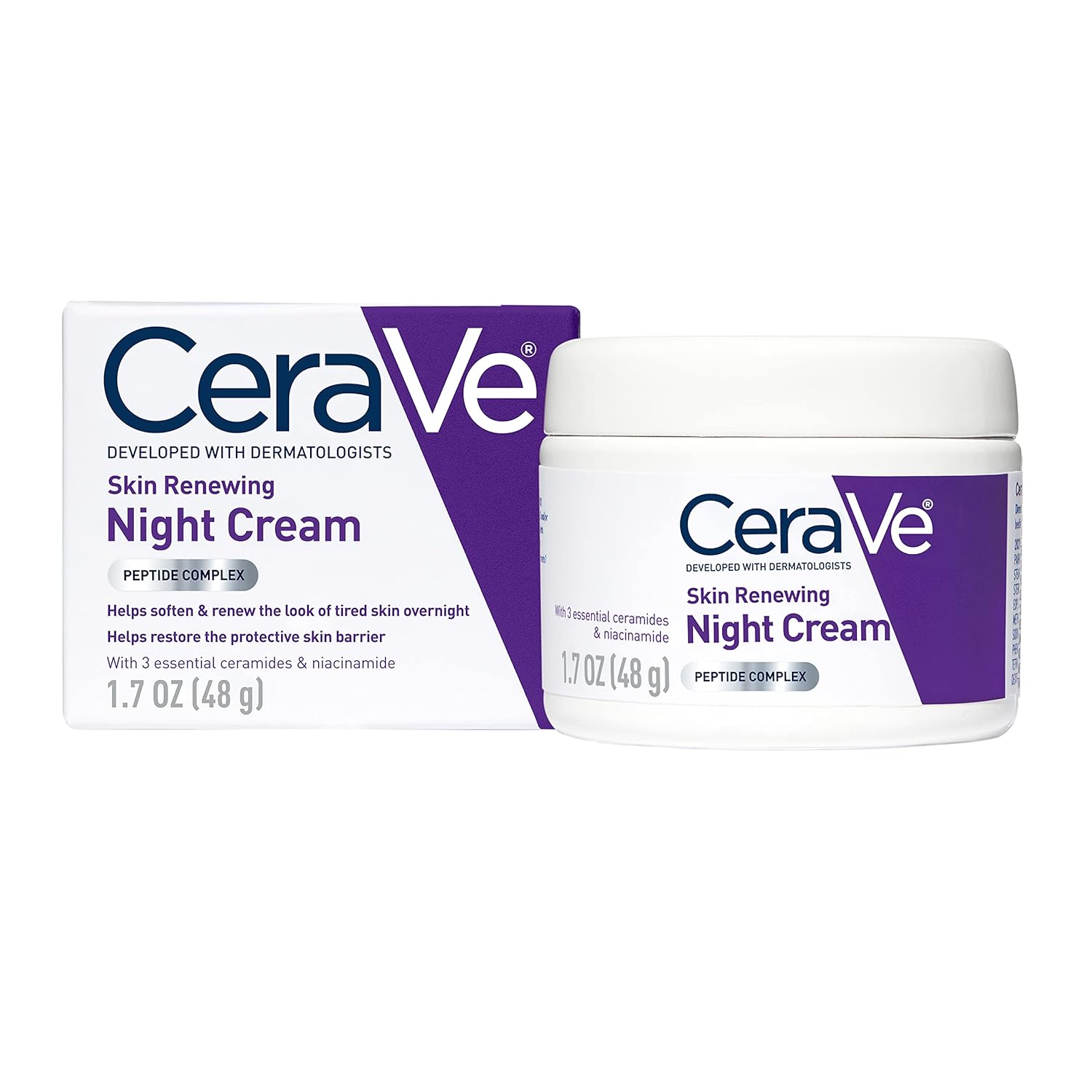 Cerave Skin Renewing Night Cream, Niacinamide, Peptide Complex, And Hyaluronic Acid Moisturizer For Face, 1.7 Ounce, Packaging May Vary