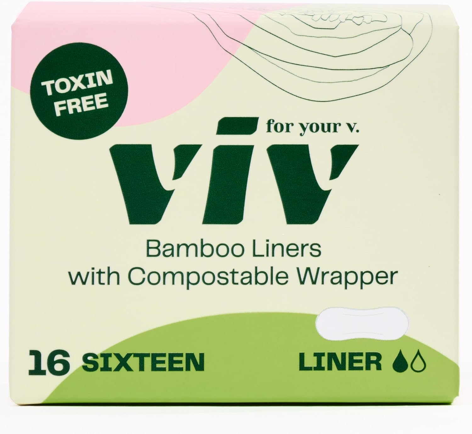 Viv for Your V Bamboo Liners | Biodegradable Menstrual Pads for Period & Leak Protection | Soft, Light, & Super Absorbent | Plastic, Dye, Fragrance, & Chemical Free | 16 Pack