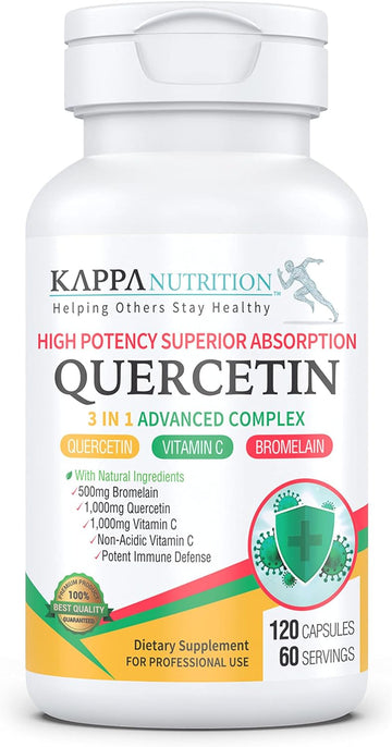 KAPPA NUTRITION Quercetin 1,000mg, Bromelain 500mg and Vitamin C 1,000mg, (120 Capsules), 3 in 1 from Bioflavonoids, Supports Immune, Cardiovascular & Respiratory Health, Seasonal Allergy Relief