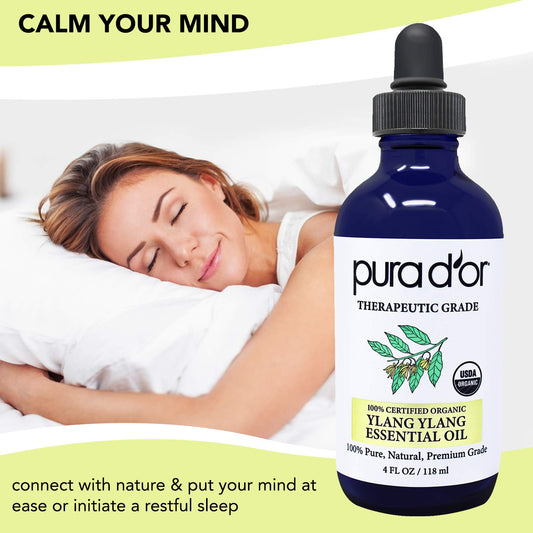 Pura D'Or Organic Ylang Ylang Essential Oil (4Oz With Glass Dropper) 100% Pure & Natural Therapeutic Grade For Hair, Body, Skin, Aromatherapy Diffuser, Relaxation, Massage, Mood, Antioxidant Support