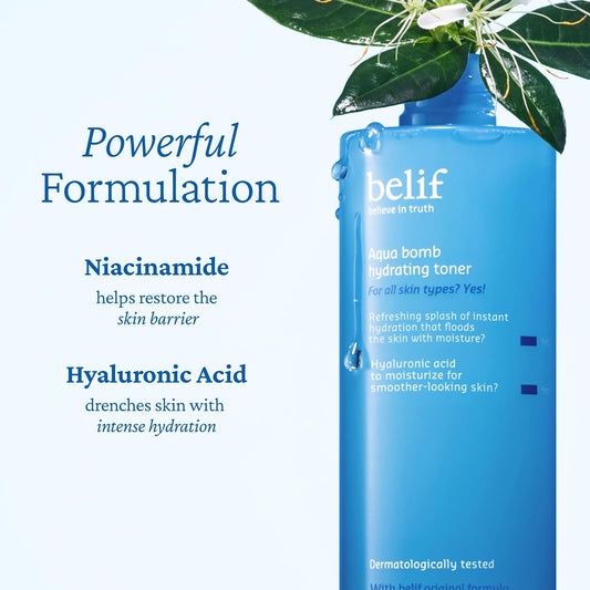 Belif Aqua Bomb Hydrating Toner With Hyaluronic Acid, Lightweight Moisturizing Water Facial Toner, Good For Dry Skin And Uneven Texture, For Normal, Dry, Combination, Oily Skin, Korean Skin Care