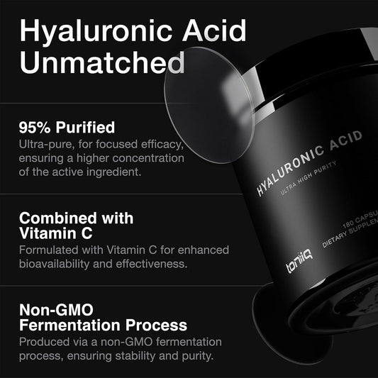 Ultra High Purity Hyaluronic Acid Capsules - 95%+ Highly Purified And Highly Bioavailable - 275Mg Formula - Non-Gmo Fermentation - High Strength With Vitamin C - 180 Capsules