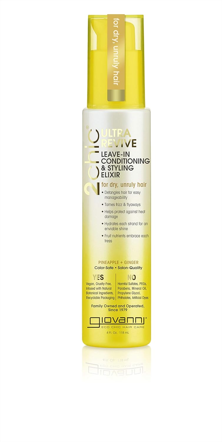 Giovanni 2Chic Ultra-Revive Leave In Conditioner - Anti-Frizz Styling Elixir To Help Moisturize Dry, Unruly Hair, Enriched With Pineapple & Ginger, Works Great With Curly Hair, Color-Safe - 4 Oz