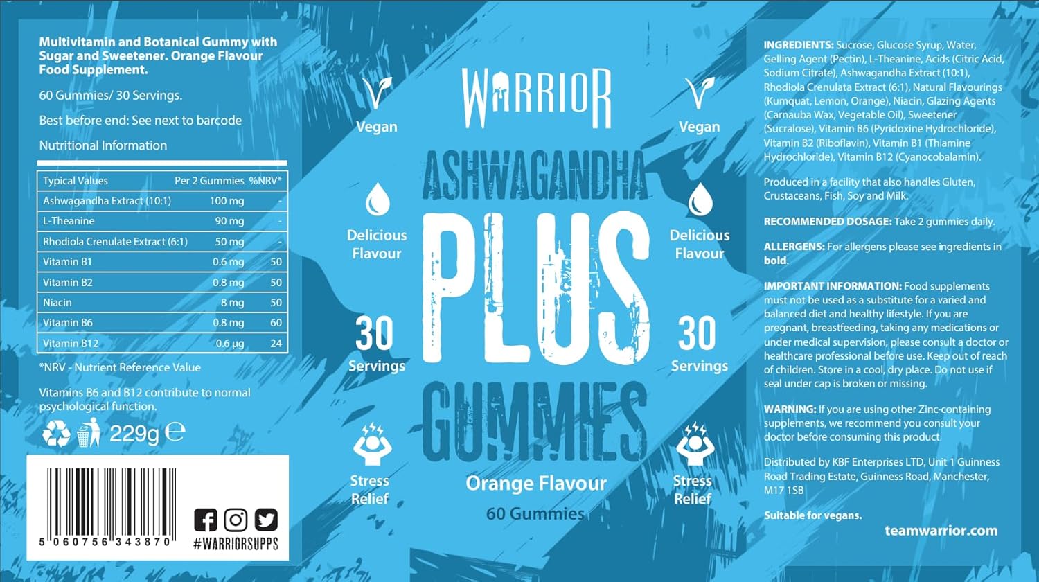 Warrior Ashwagandha Plus Gummies - Containing a Potent 10:1 Ashwagandha Extract, Rhodiola, L-Theanine and a Host of B Vitamins - Vegan - Gluten Free - Stress Relief - Orange Flavour (60 Gummies) : Amazon.co.uk: Health & Personal Care