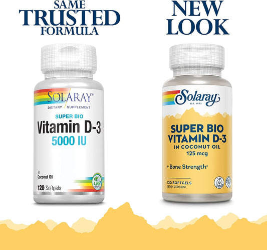 SOLARAY Super Bio Vitamin D-3 in Non-GMO Coconut Oil 5000IU Strong Bones & Immune System Support High Bioavailability No Soy 120 Softgels