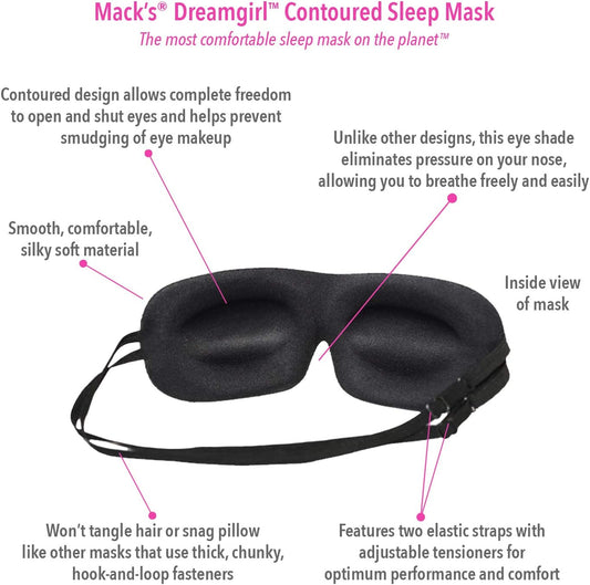 Mack?s Dreamgirl Contoured Sleep Mask ? Pink, Comfortable, Adjustable, 2 Strap Eye Mask with Mack?s Dreamgirl Soft Foam Earplugs