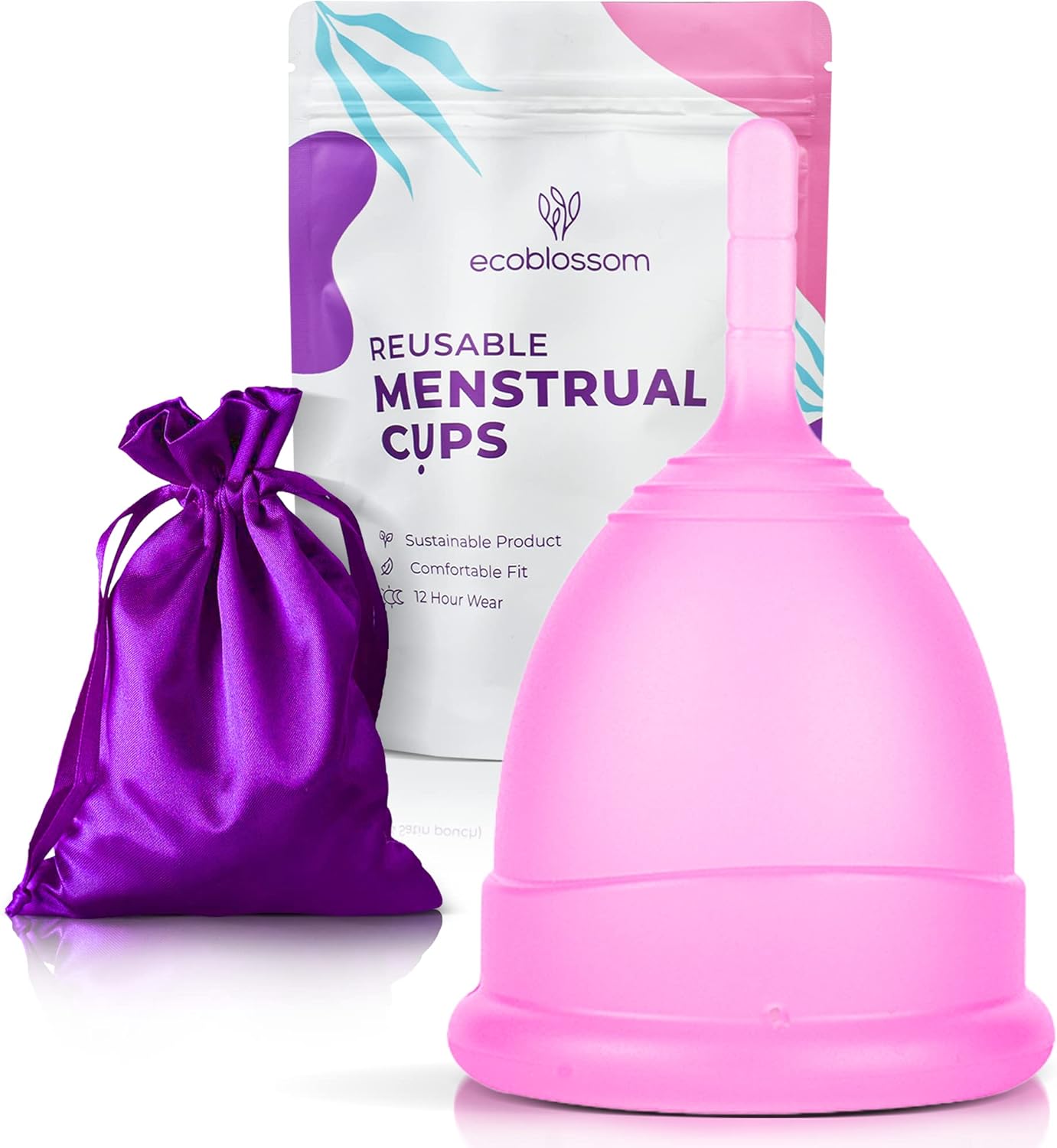 EcoBlossom Menstrual Cup Kit - Tampon, Pad, and Disc Alternative Product - Wear for 12 Hours - Reusable Period Cup/Copa Designed with Soft Flexible Medical-Grade Silicone (Regular Cup)