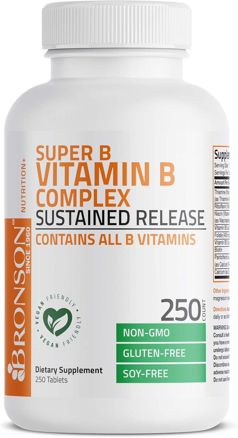 Bronson Super B Vitamin B Complex Sustained Slow Release (Vitamin B1, B2, B3, B6, B9 - Folic Acid, B12) Contains All B Vitamins 250 Tablets : Health & Household