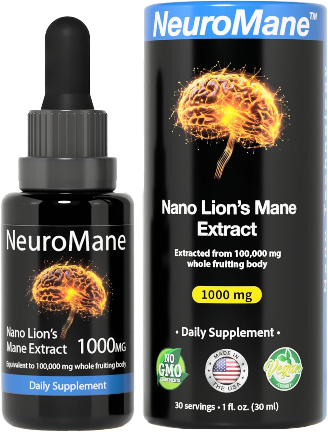 Organic Nano Lions Mane Extract | Extracted with Nanotechnology | Premium Adaptogen Brain Supplement for Memory and Focus | Instant Absorption | 1 Fl oz