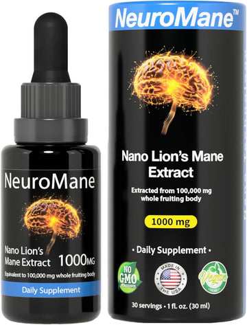 Organic Nano Lions Mane Extract | Extracted with Nanotechnology | Premium Adaptogen Brain Supplement for Memory and Focus | Instant Absorption | 1 Fl oz