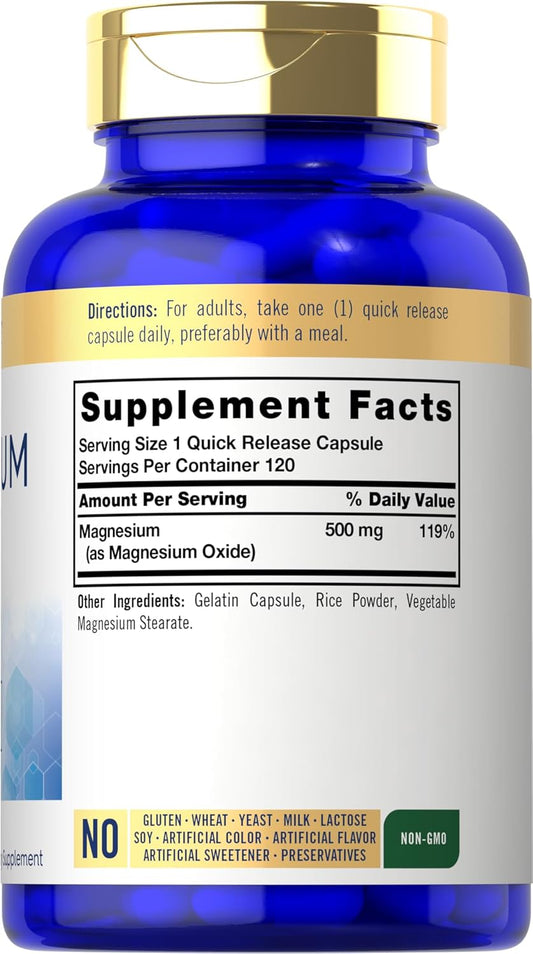 Carlyle Magnesium Oxide 500Mg | 120 Capsules | Premium Quality | Non-Gmo And Gluten Free Supplement