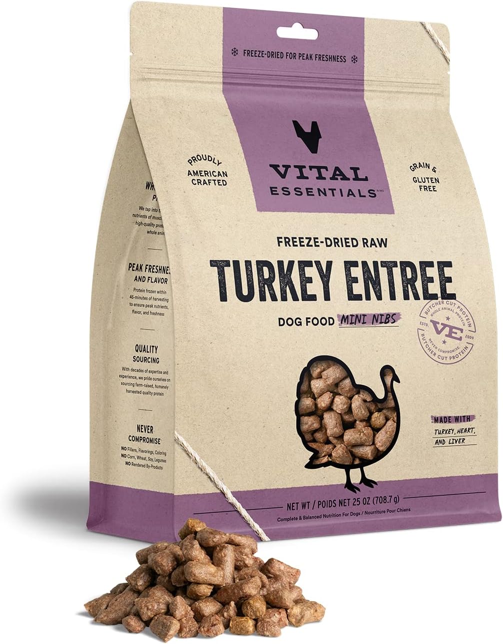 Vital Essentials Freeze Dried Raw Dog Food, Turkey Mini Nibs Entree, 25 Oz