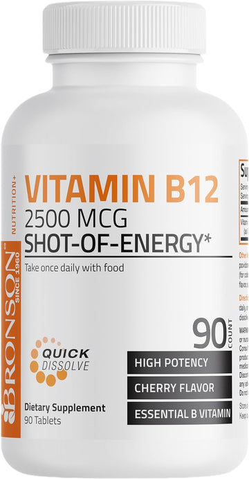 Vitamin B12 2500Mcg Shot Of Energy Fast Dissolve Chewable Tablets - Quick Release Cherry Flavored Sublingual B12 Vitamin - Supports Nervous System, Healthy Brain Function Energy Production – 90 Count