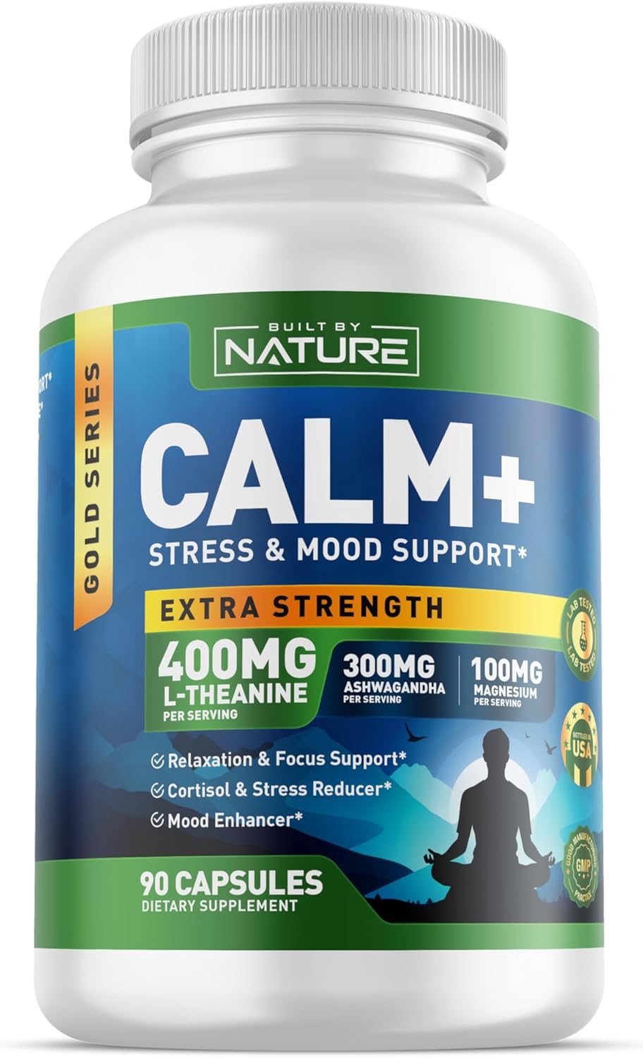 Built By Nature Calm+ Relaxation & Focus – Stress, Cortisol & Mood Support – Calm Supplement With L-Theanine, Ashwagandha, Magnesium Glycinate, Vitamin D3 – 90 Capsules