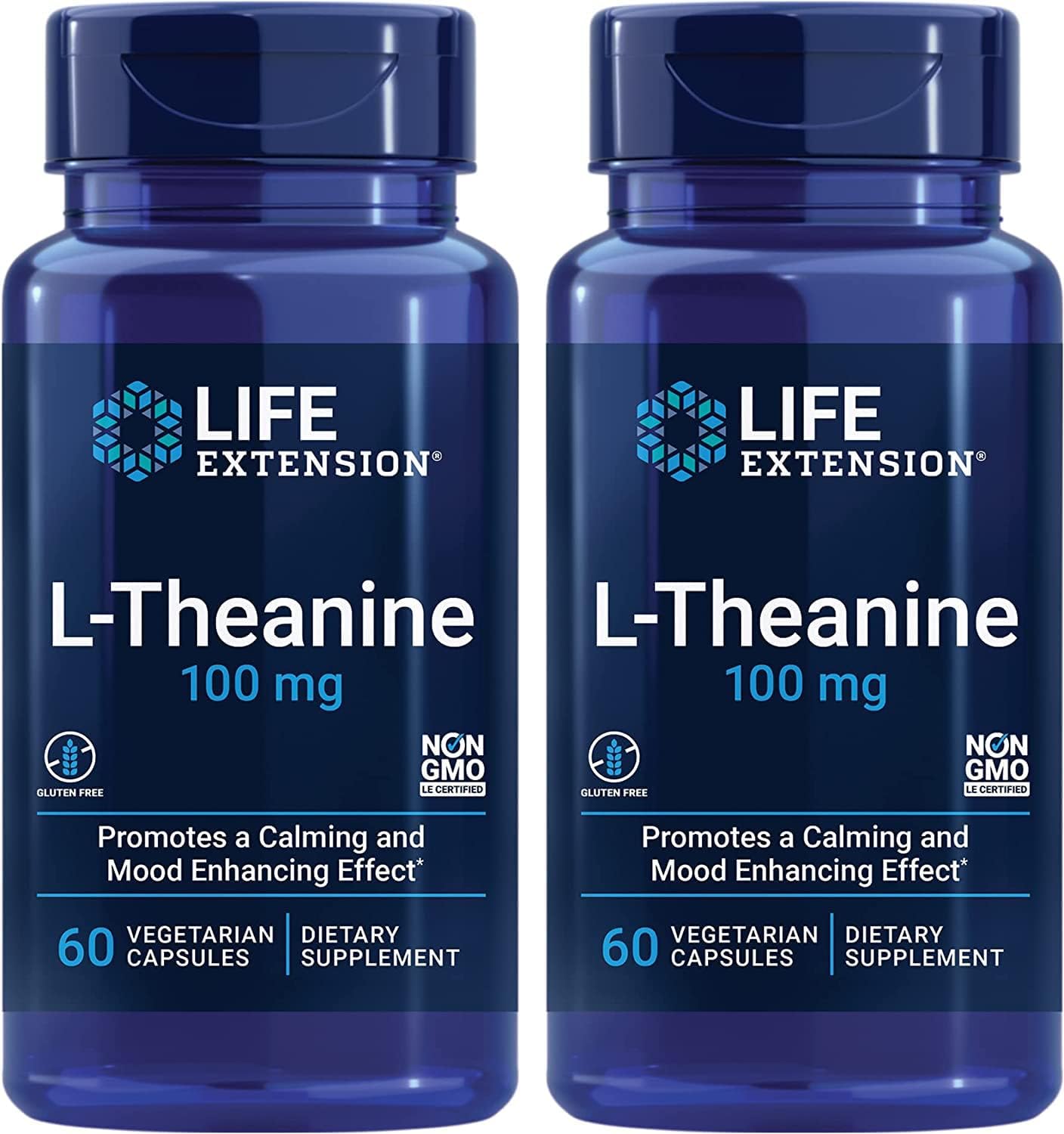 Life Extension L-Theanine, 100 Mg, 60 Vegetarian Capsules (Pack Of 2) - Amino Acid Derived From Tea - Gluten-Free, Non-Gmo