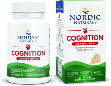 Nordic Naturals Cognition Mushroom Complex, Unavored - 60 Capsules - Brain, Memory & Mood Support - Blend of Lion’s Mane Mushroom & Bacopa Extract - Non-GMO - Certified Vegan - 30 Servings