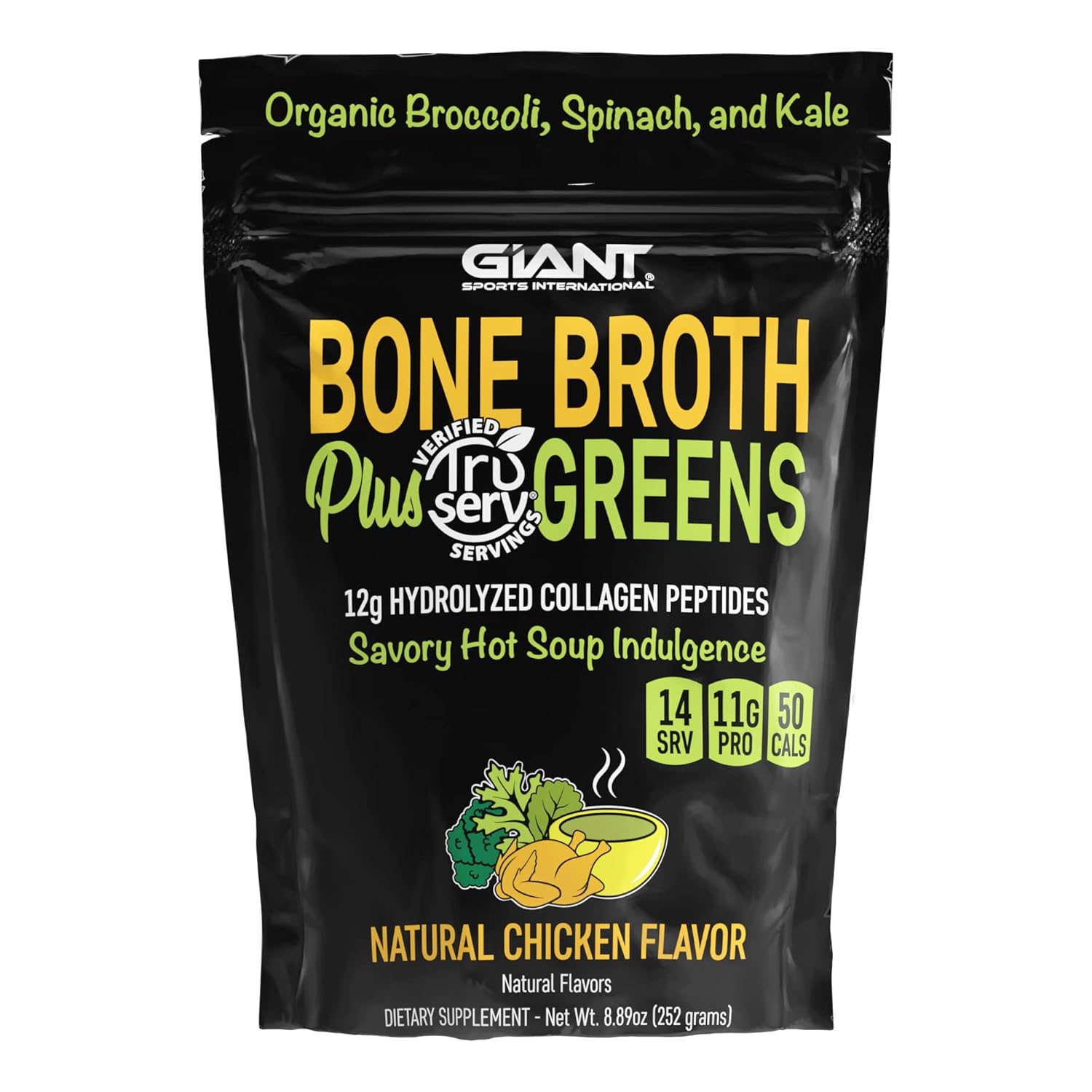 Giant Sports Bone Broth Collagen Plus Greens | Organic Super Greens Powder + Delicious Collagen Protein Powder Mix | Paleo And Keto Friendly | Natural Chicken Flavor 14 Servings