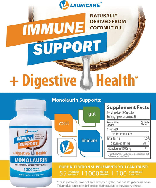 Monolaurin Supplement For Immune Support - Gut Health - 1000Mg Per Serving- 100 Count
