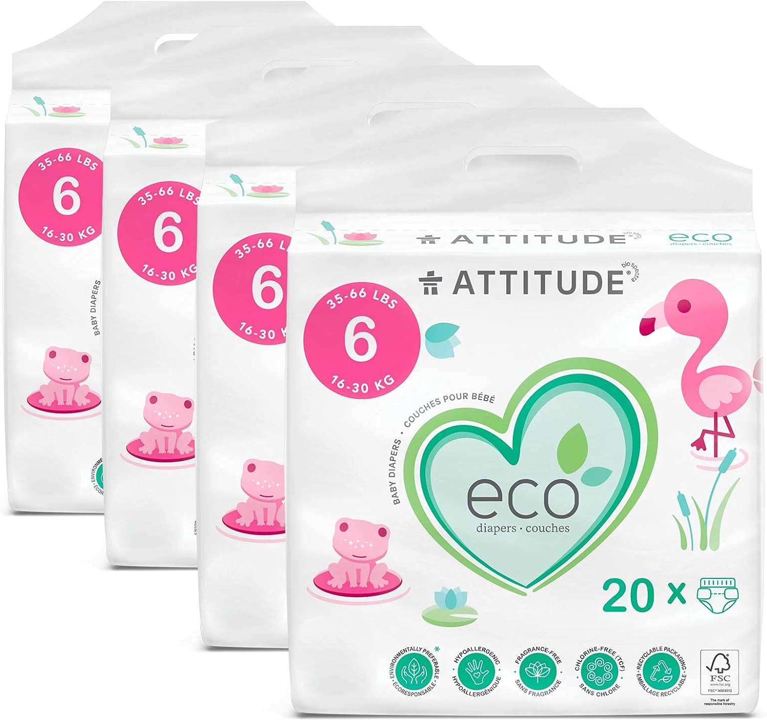 ATTITUDE Non-Toxic Diapers, Eco-Friendly, Hypoallergenic, Safe for Sensitive Skin, Chlorine-Free, Leak-Free & Biodegradable Baby Diapers, Fragrance-Free, Size 6 (35-66 lbs), 80 Count (4 Packs of 20)