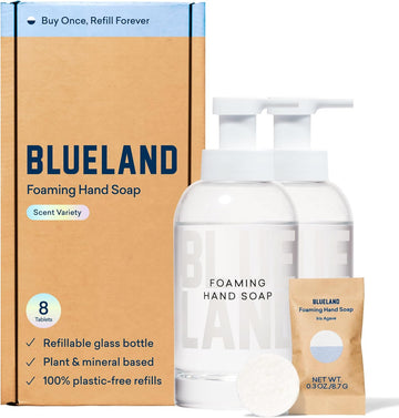 Blueland Hand Soap Duo - 2 Refillable Glass Foaming Hand Soap Dispensers + 8 Tablet Refills | Variety Scents | Makes 8 X 9 Fl Oz Bottles (72 Fl Oz Total)