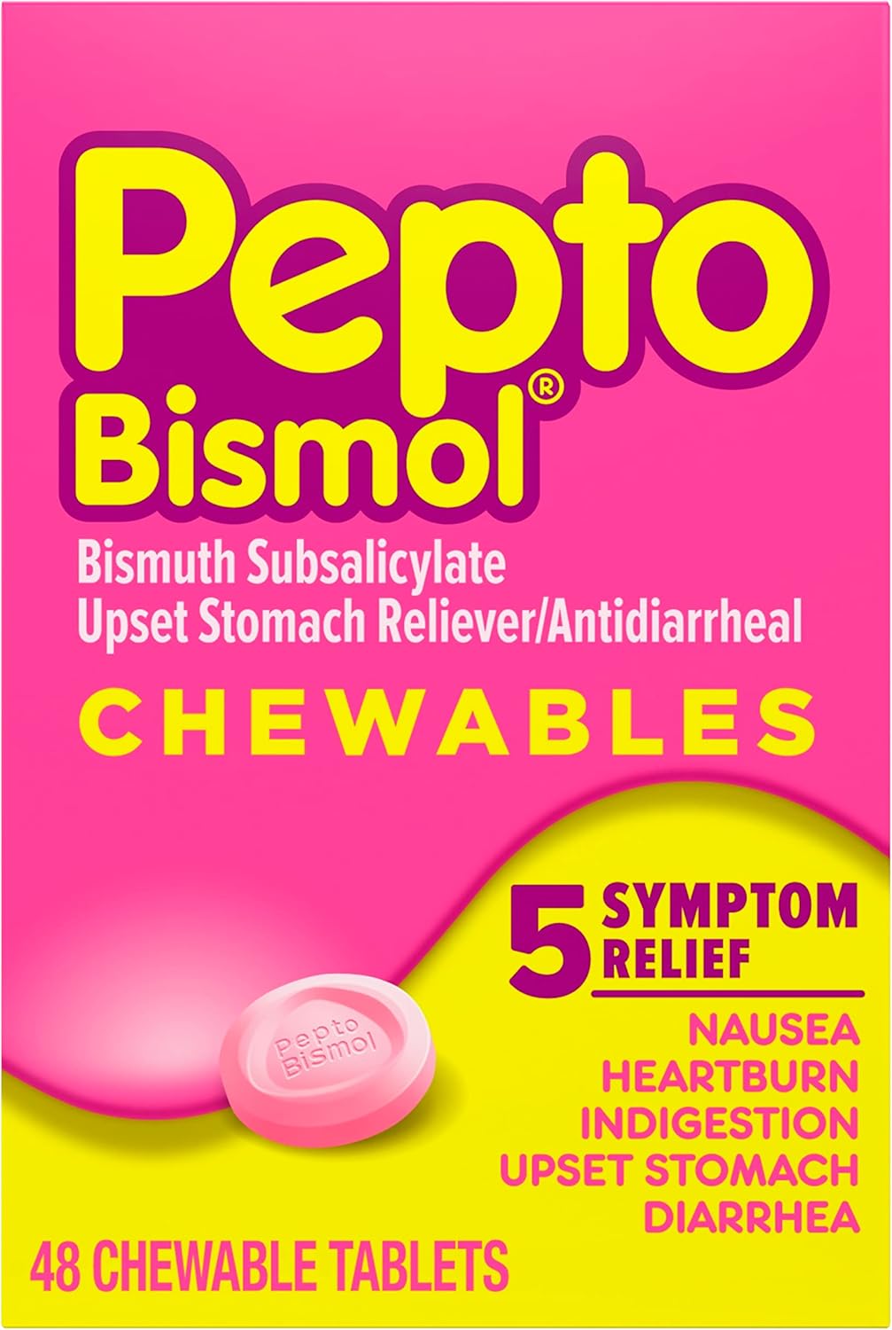 Pepto Bismol Chewable Tablets For Nausea, Heartburn, Indigestion, Upset Stomach, And Diarrhea - 5 Symptom Fast Relief, Original Flavor, 48 Ct