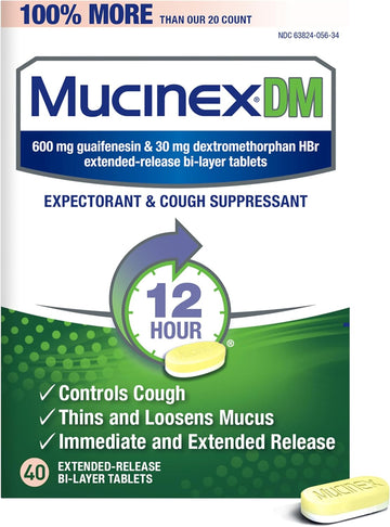 Mucinex Dm 12Hr Chest Congestion & Cough Medicine For Adults, Cold And Cough Medicine For Excess Mucus Relief, 600 Mg Guaifenesin & 30 Mg Dextromethorphan Hbr, 40 Bi-Layer Tablets