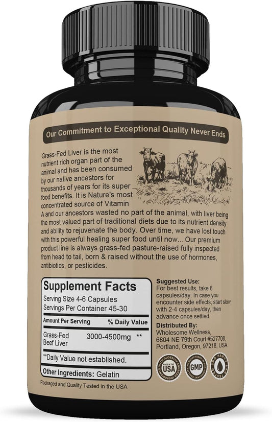 Grass Fed Desiccated Beef Liver Capsules (180 Pills, 750mg Each) - Natural Iron, Vitamin A, B12 for Energy - Humanely Pasture Raised Undefatted in New Zealand Without Hormones or Chemicals