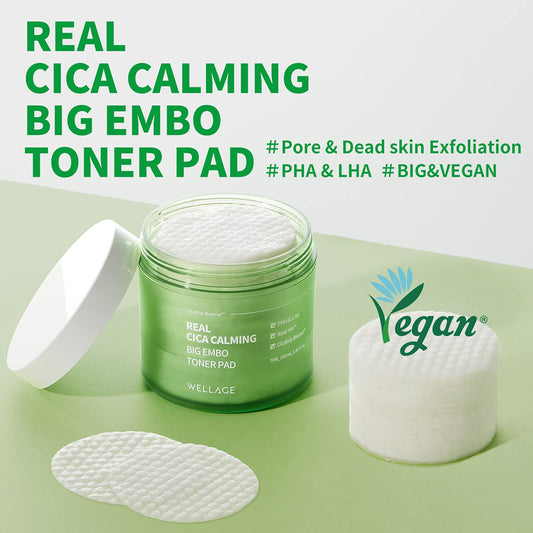 Wellage Cica Calming Pore Tightening Exfoliating Toner Pads 70 Pads - With Centella Asiatica, Pha, Lha, And Madecassoside, Facial Pads For Moisturizing And Soothing