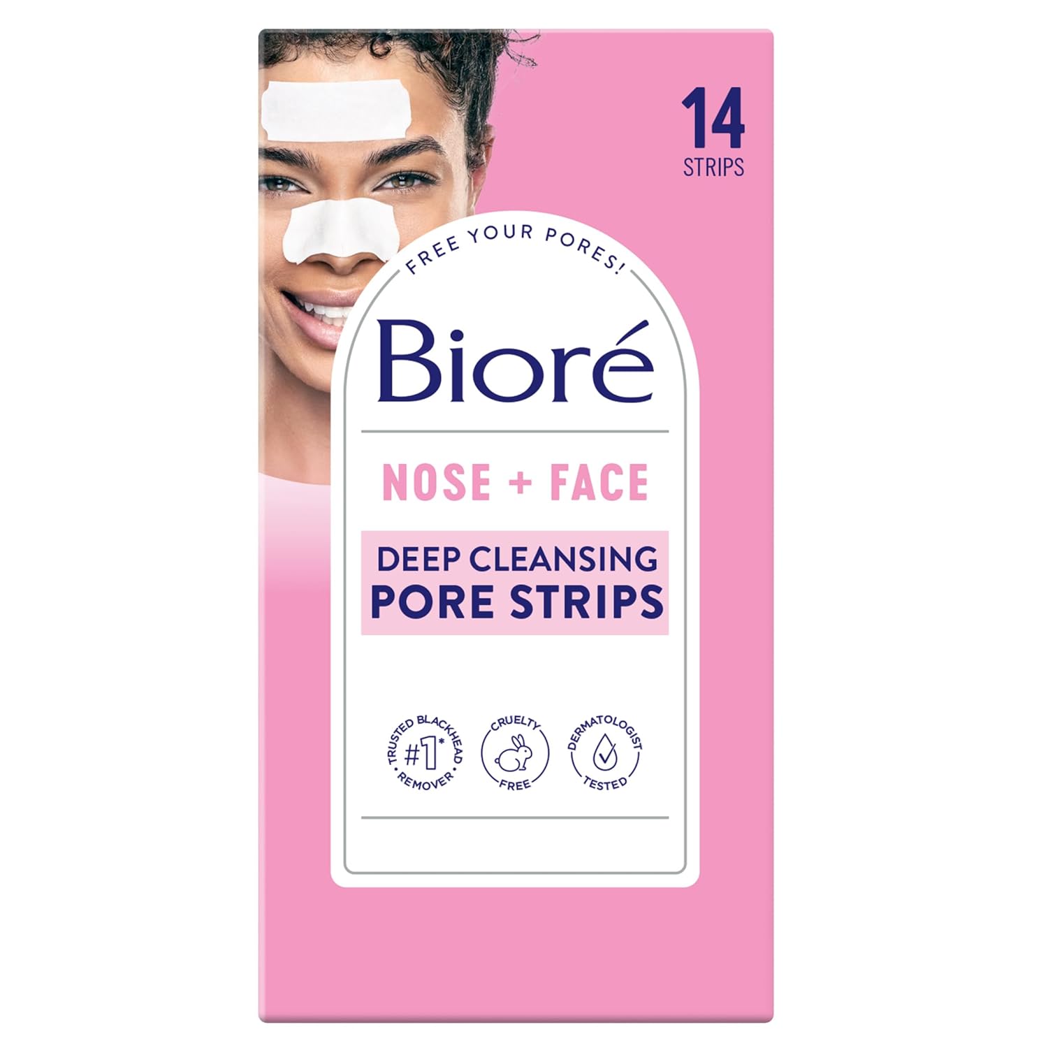 Bioré Nose+Face, Deep Cleansing Pore Strips, 7 Nose + 7 Chin Or Forehead, With Instant Blackhead Removal And Pore Unclogging, 14 Count, Oil-Free, Non-Comedogenic Use