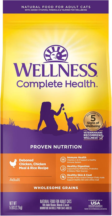 Wellness Complete Health Natural Dry Cat Food With Wholesome Grains, Made In Usa With Real Meat (Adult Cat, Chicken & Chicken Meal Recipe, 5-Pound Bag)