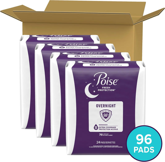 Poise Incontinence Pads & Postpartum Overnight Incontinence Pads, 8 Drop Extra Coverage, 96 Count (4 Packs Of 24), Packaging May Vary