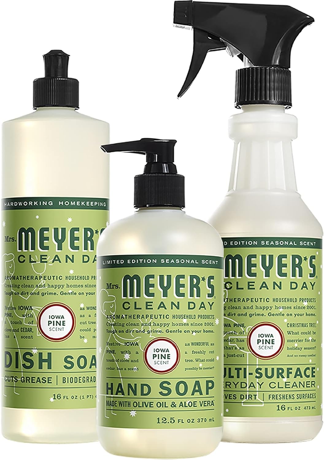 Mrs. Meyer's Kitchen Set, Dish Soap, Hand Soap, and Multi-Surface Cleaner, 3 CT (Iowa Pine)