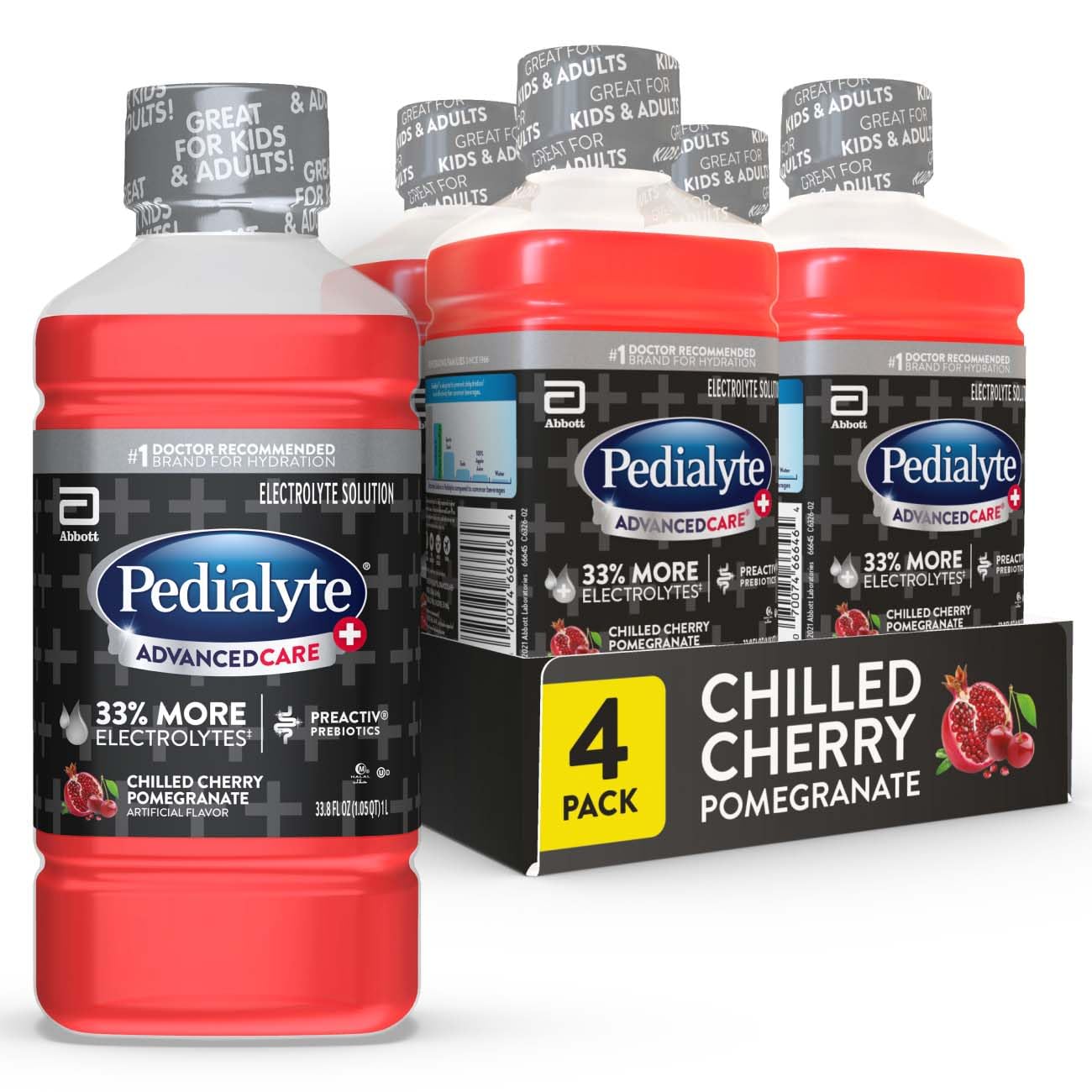 Pedialyte Advancedcare Plus Electrolyte Hydration Drink, Has 33% More Electrolytes And Has Preactiv Prebiotics, Chilled Cherry Pomegranate, 1 Liter