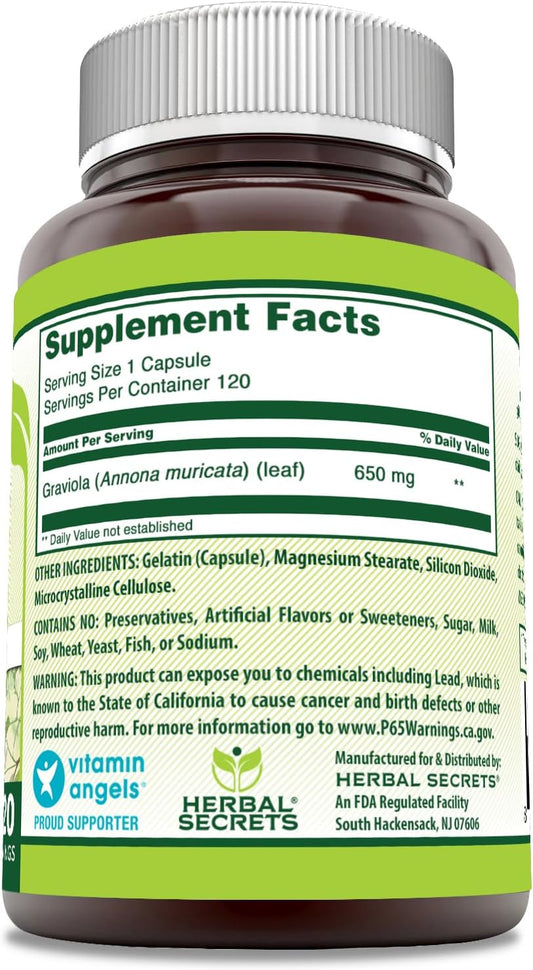 Herbal Secrets Graviola 650 Mg 120 Veggie Capsules Supplement | Non-Gmo | Gluten Free | Made In Usa