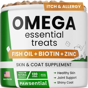 Omega Fish Oil for Dogs - for Dry Itchy Skin - Allergy Relief for Dogs Itching - Omega Skin&Coat Supplement Chews - Itch Relief, Shedding, Hot Spots - Anti Itch Vitamins Skin Health -120 Ct