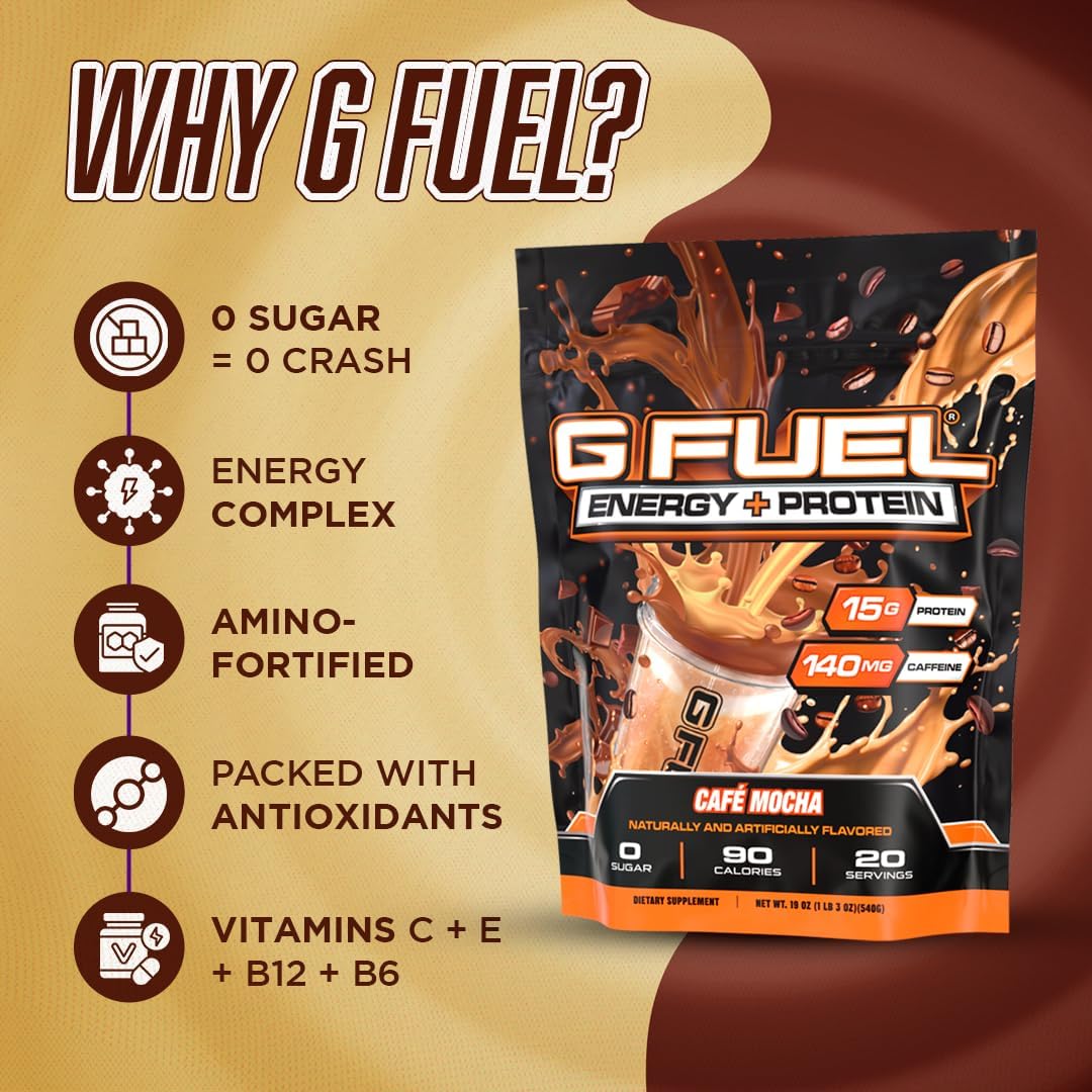 G Fuel Energy + Protein Powder Mix, Cafe Mocha Flavor, Sugar Free, Clean Caffeine Focus Supplement, Metabolism Support, Focus nootropics, Vitamin + Antioxidant Blend, 19 oz (20 Servings) : Health & Household