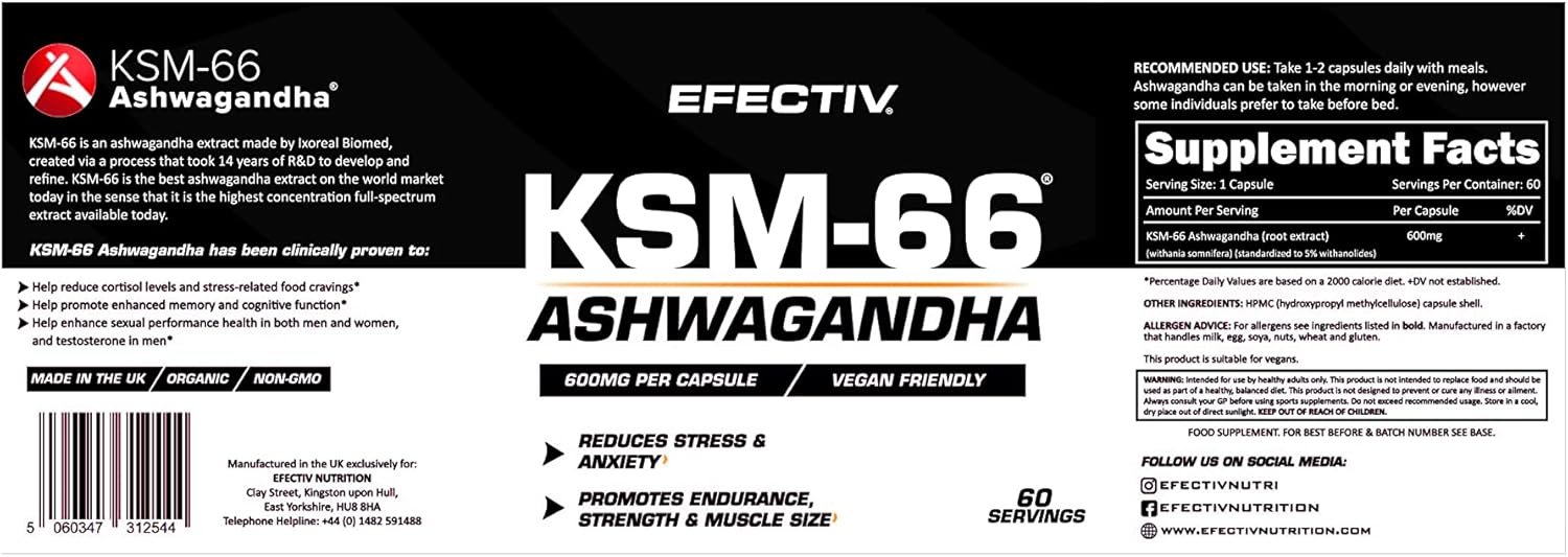 Efectiv Ksm-66 Ashwagandha Capsules With 5% Withanolides - 600Mg Stress Relief & Anxiety Supplement - Non-Gmo & Uk Made - Supports Muscle Recovery & Cognitive Function - 60 Capsules