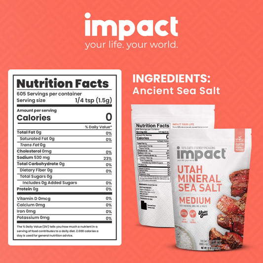 Impact - Utah Mineral Sea Salt (Medium Grain) Unrefined Non-Gmo Gluten Free With Trace Minerals - Enhance Flavor And Health With Premium Gourmet Salt From Ancient Central Utah Deposit - 2Lb